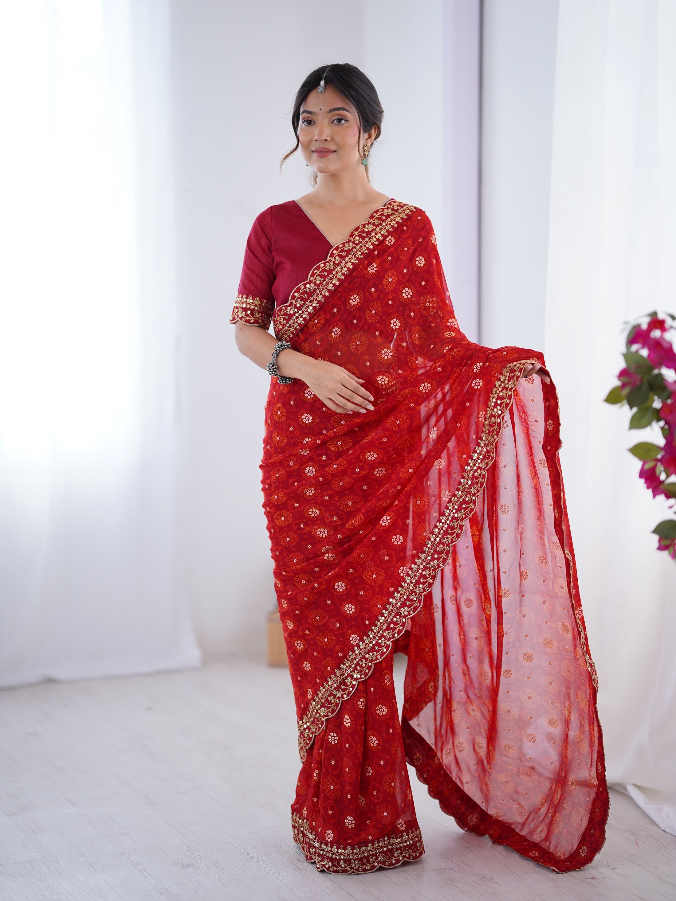 Women Party Wear Flower Foil Print Work Georgette Chiffon Saree With Un Stitched Blouse NOZ2TOZ - Made In INDIA.