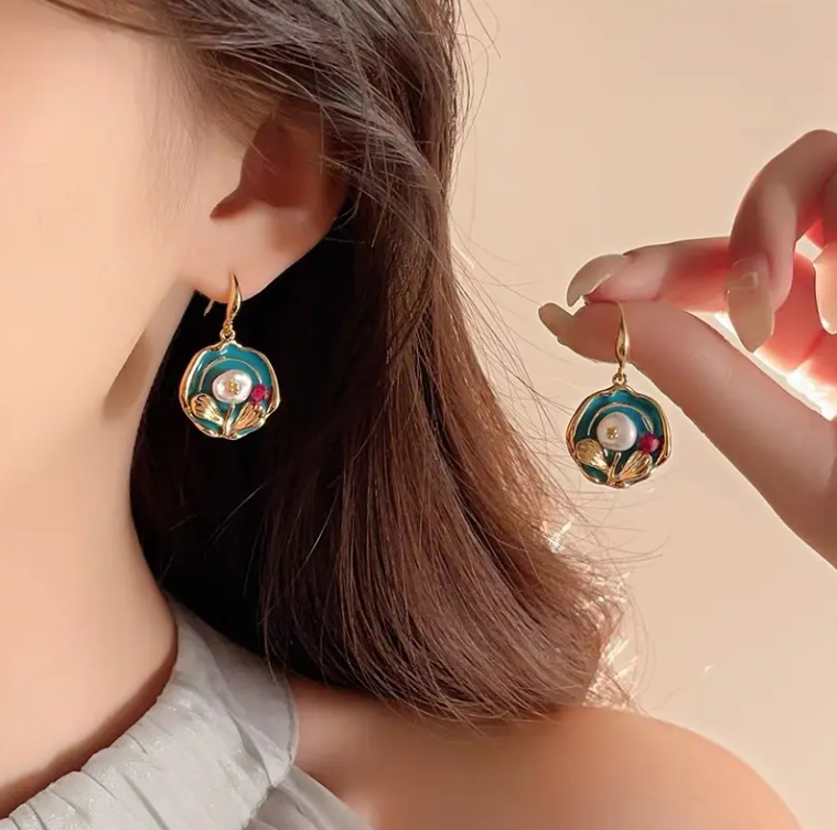 Elegant Floral Enamel Drop Earrings with Pearl & Gold Finish