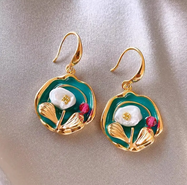 Elegant Floral Enamel Drop Earrings with Pearl & Gold Finish