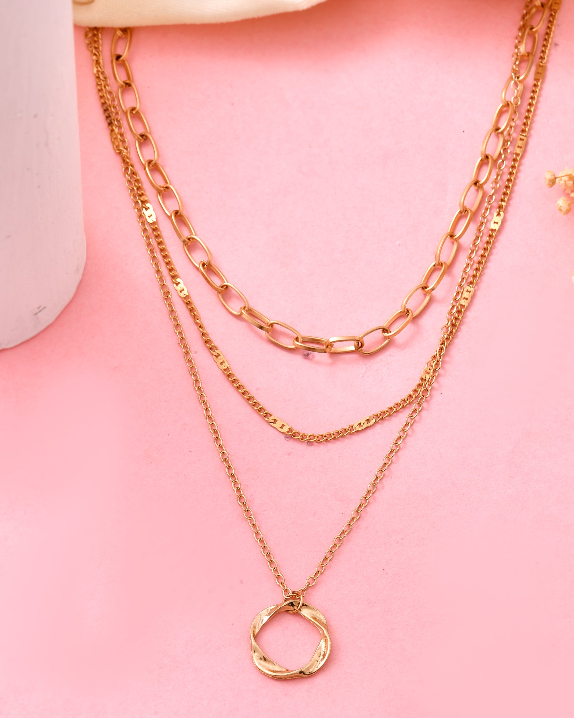 Gold-Plated Layered Necklace with Twisted Circle Pendant