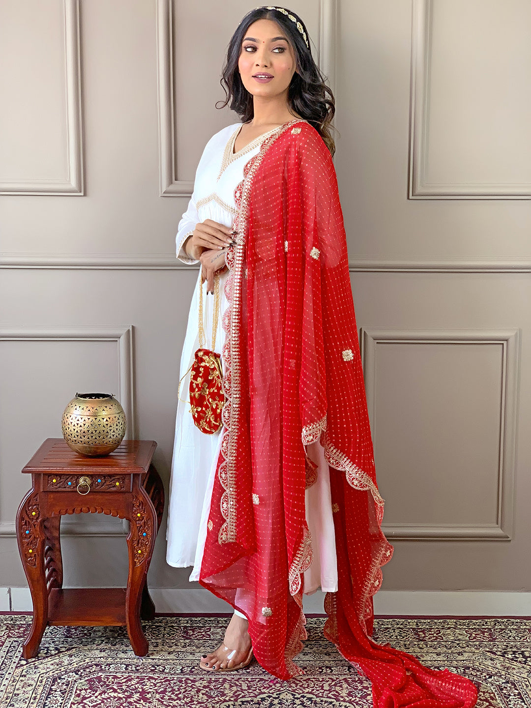 Women Red Chanderi  Embroidery Work Kurta Set With Dupatta