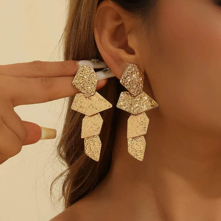Textured Geometric Gold Dangle Earrings for Women