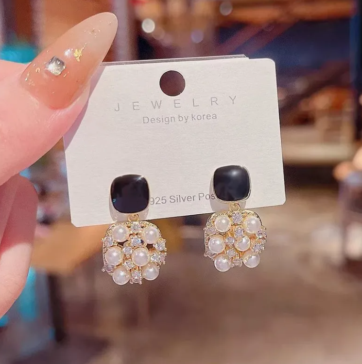 Elegant Black & Pearl Cluster Dangle Earrings with Gold Finish