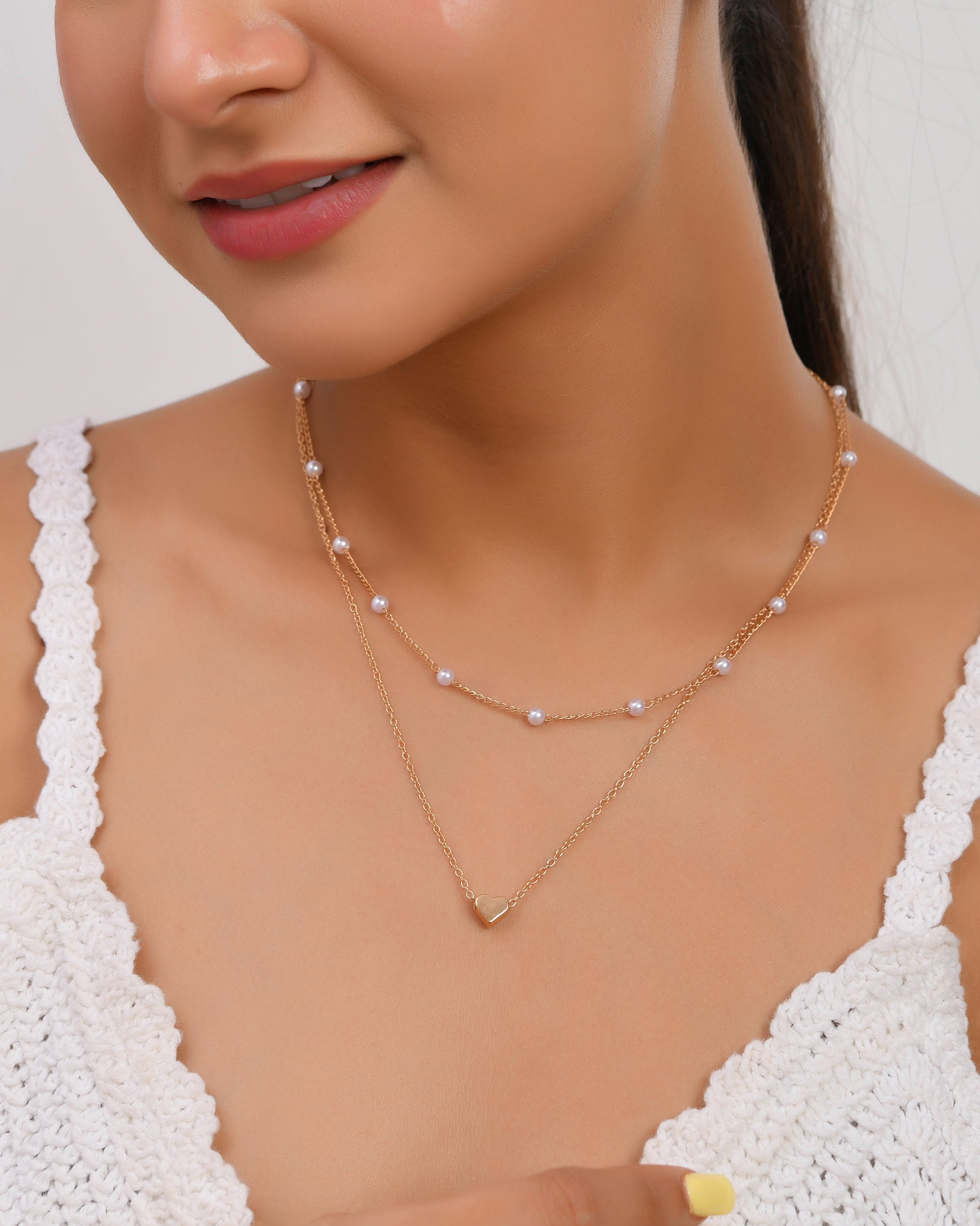 Gold-Plated Layered Pearl Necklace with Heart Pendant
