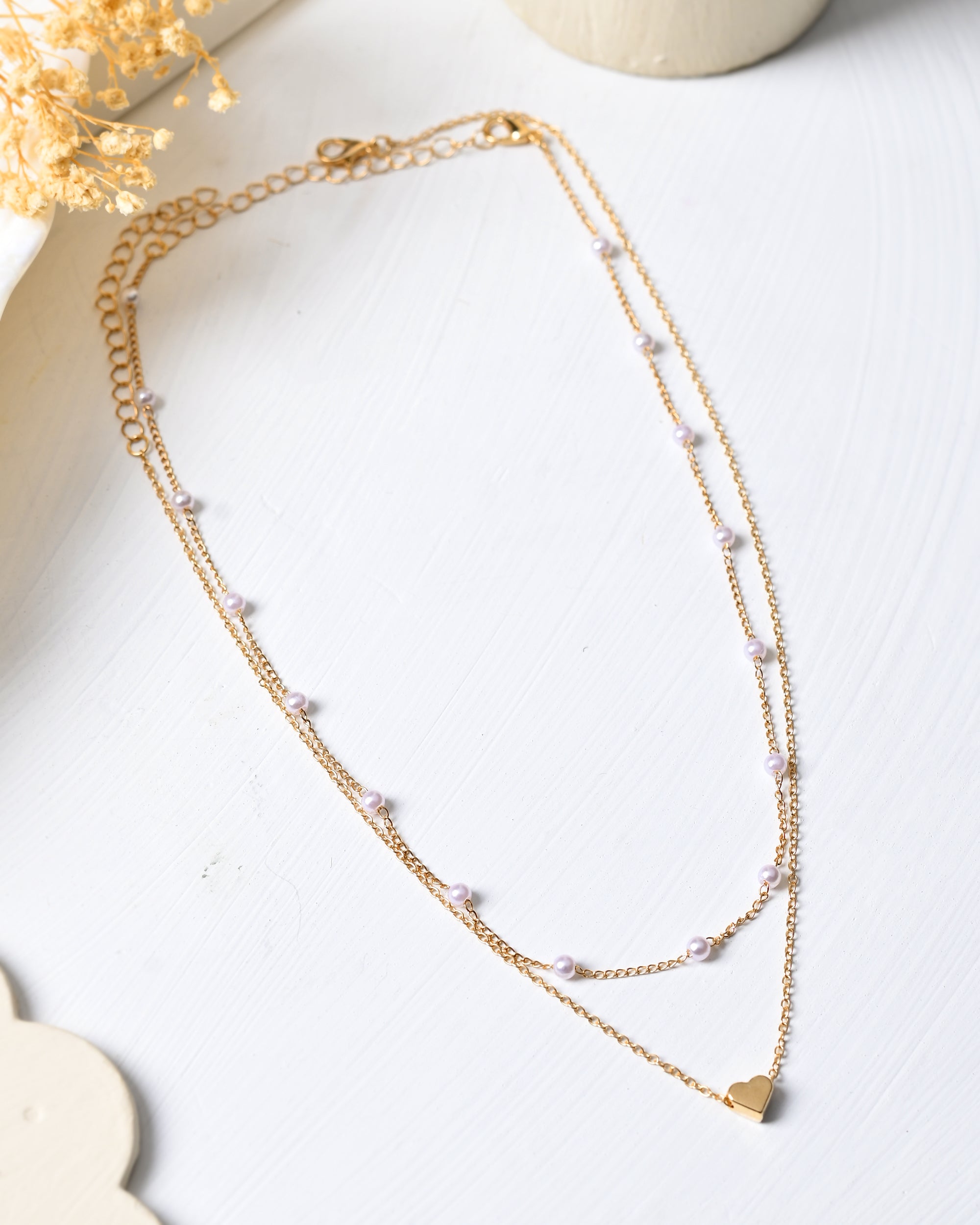 Gold-Plated Layered Pearl Necklace with Heart Pendant