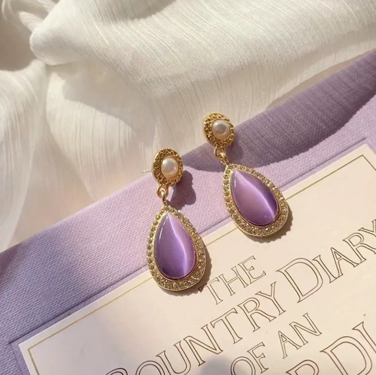 Elegant Purple Teardrop Dangle Earrings with Pearl & Crystal Accents