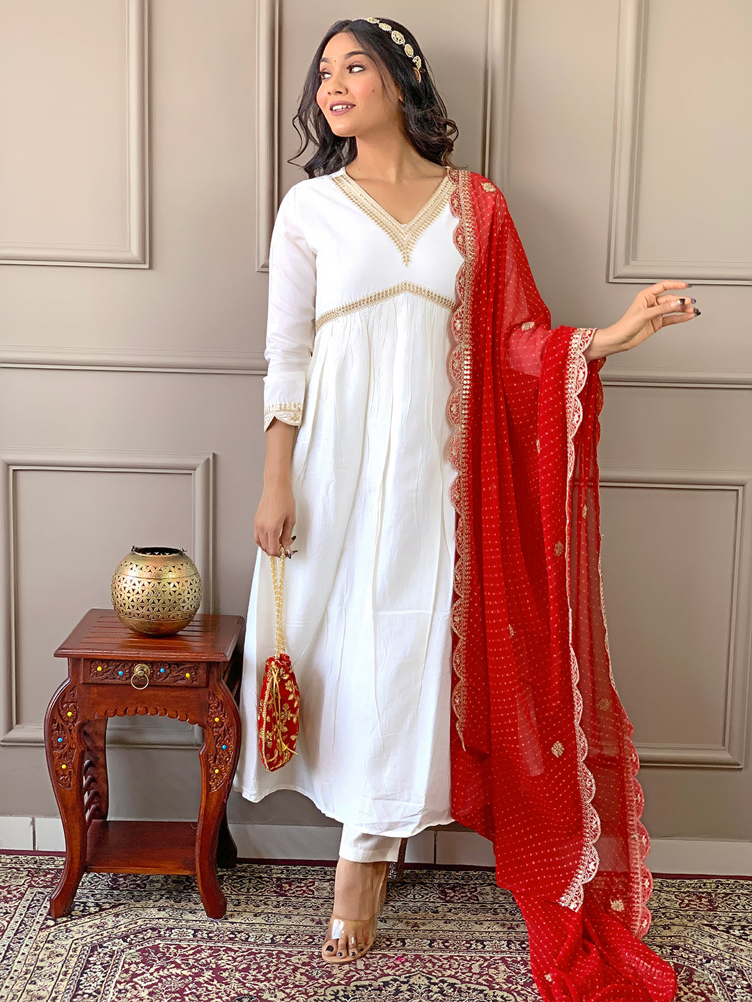 Women Red Chanderi  Embroidery Work Kurta Set With Dupatta