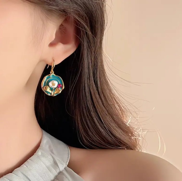 Elegant Floral Enamel Drop Earrings with Pearl & Gold Finish