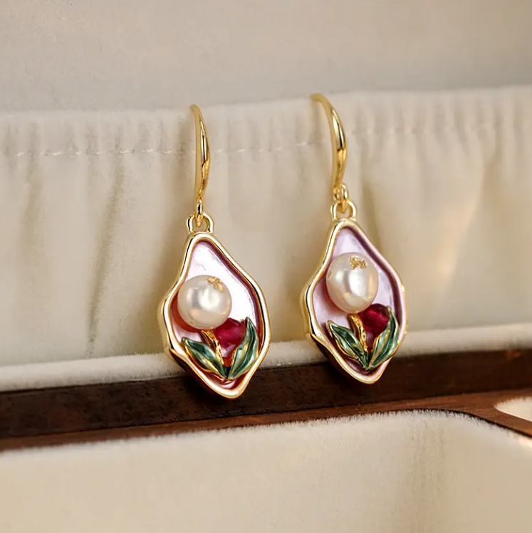 Elegant Pearl & Floral Enamel Drop Earrings with Gold Plating