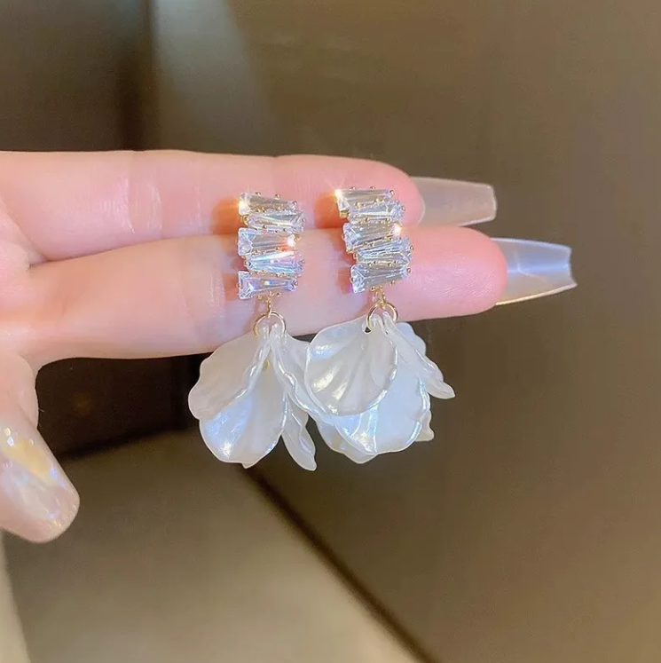 Elegant Pearl Flower Drop Earrings with Crystal Accents