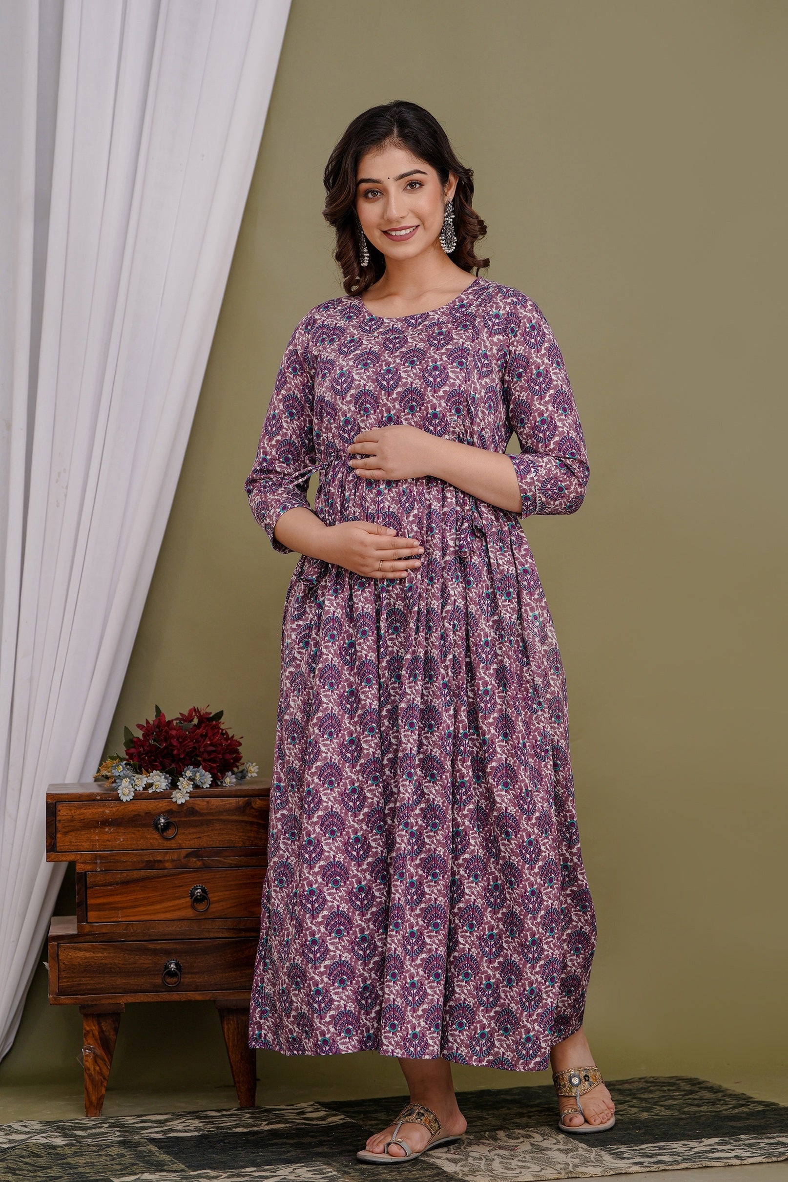 Women Floral Printed Pure Cotton Flared Maternity Maxi Dress