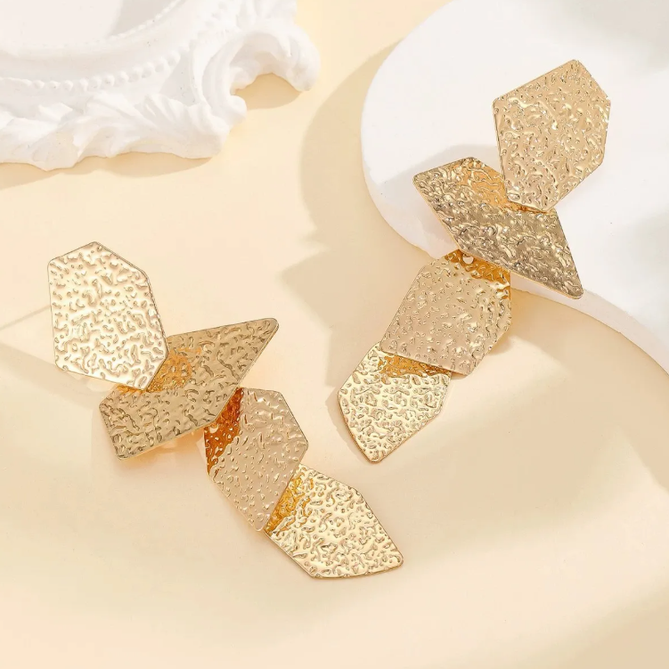 Textured Geometric Gold Dangle Earrings for Women