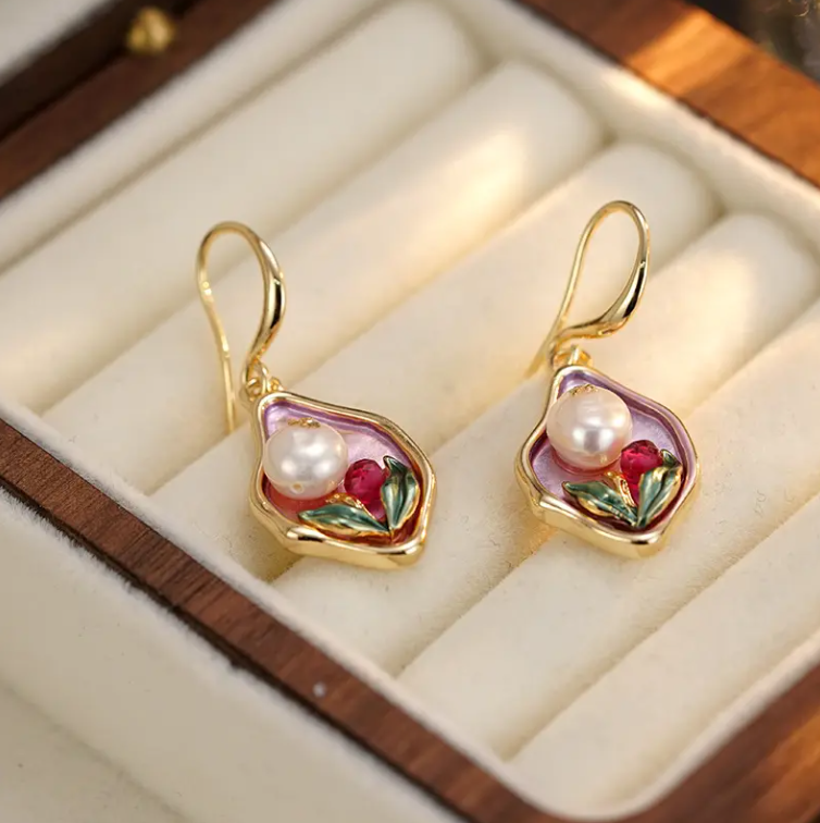 Elegant Pearl & Floral Enamel Drop Earrings with Gold Plating