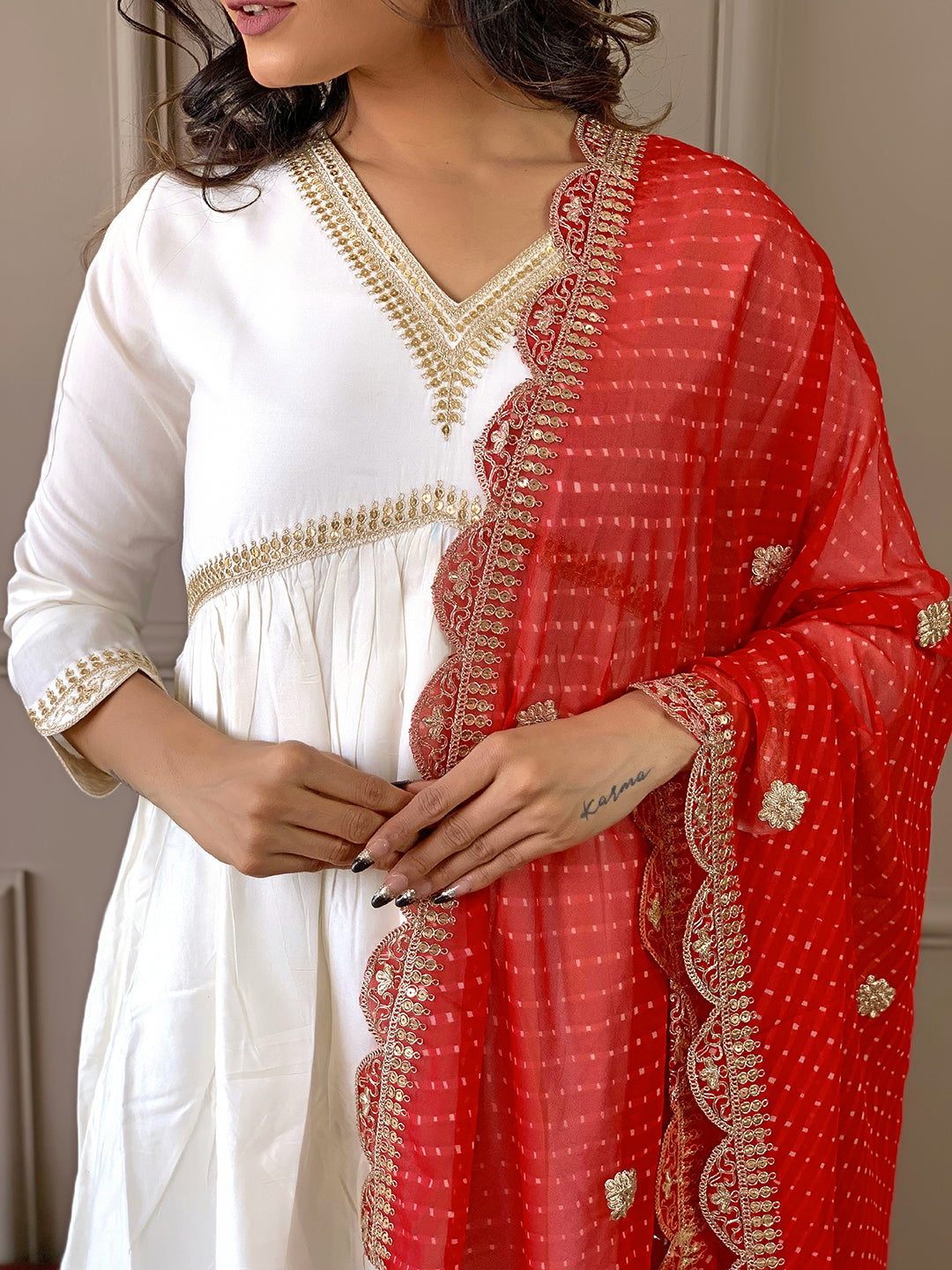 Women Red Chanderi  Embroidery Work Kurta Set With Dupatta