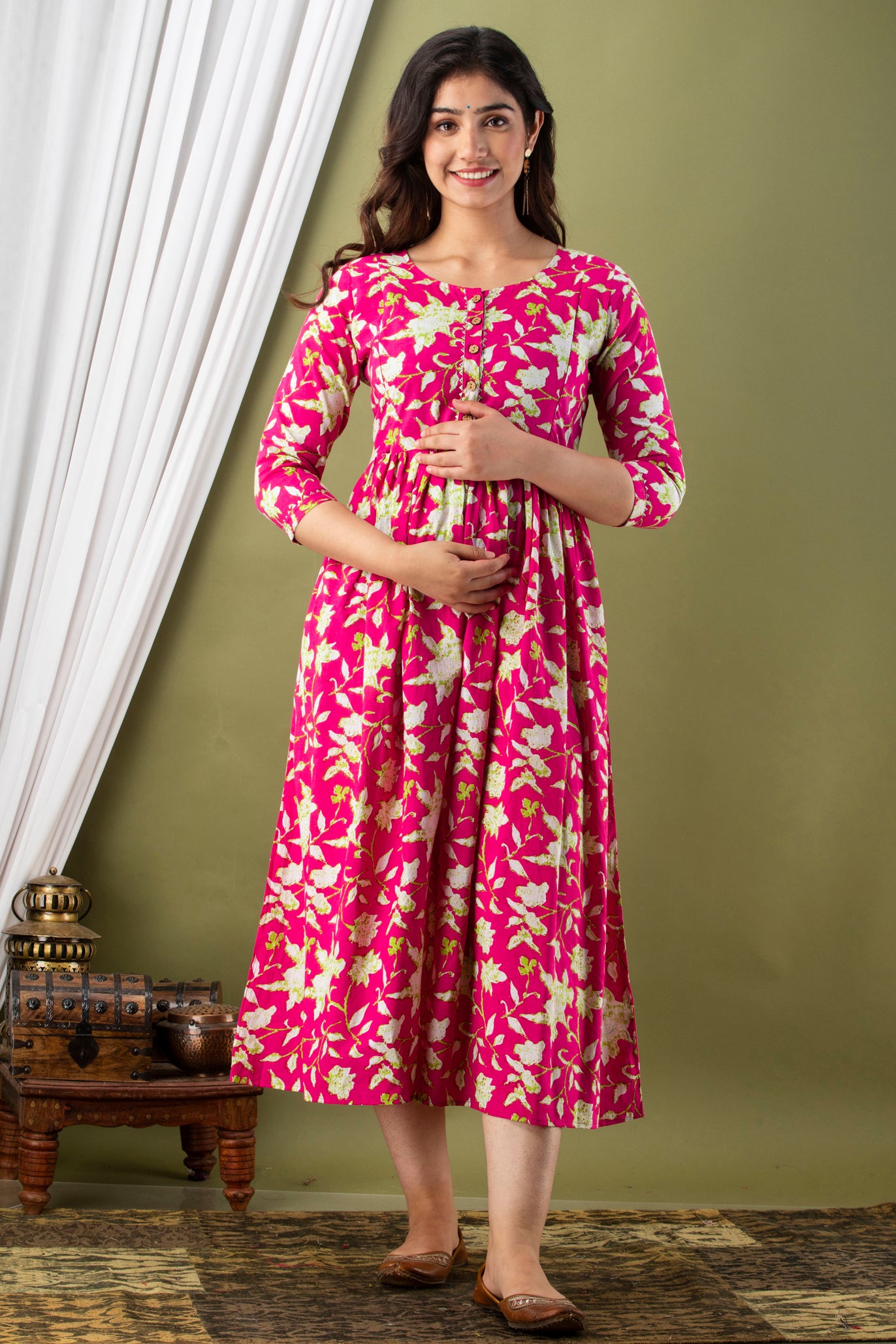 Women Floral Printed Pure Cotton Flared Maternity Maxi Dress