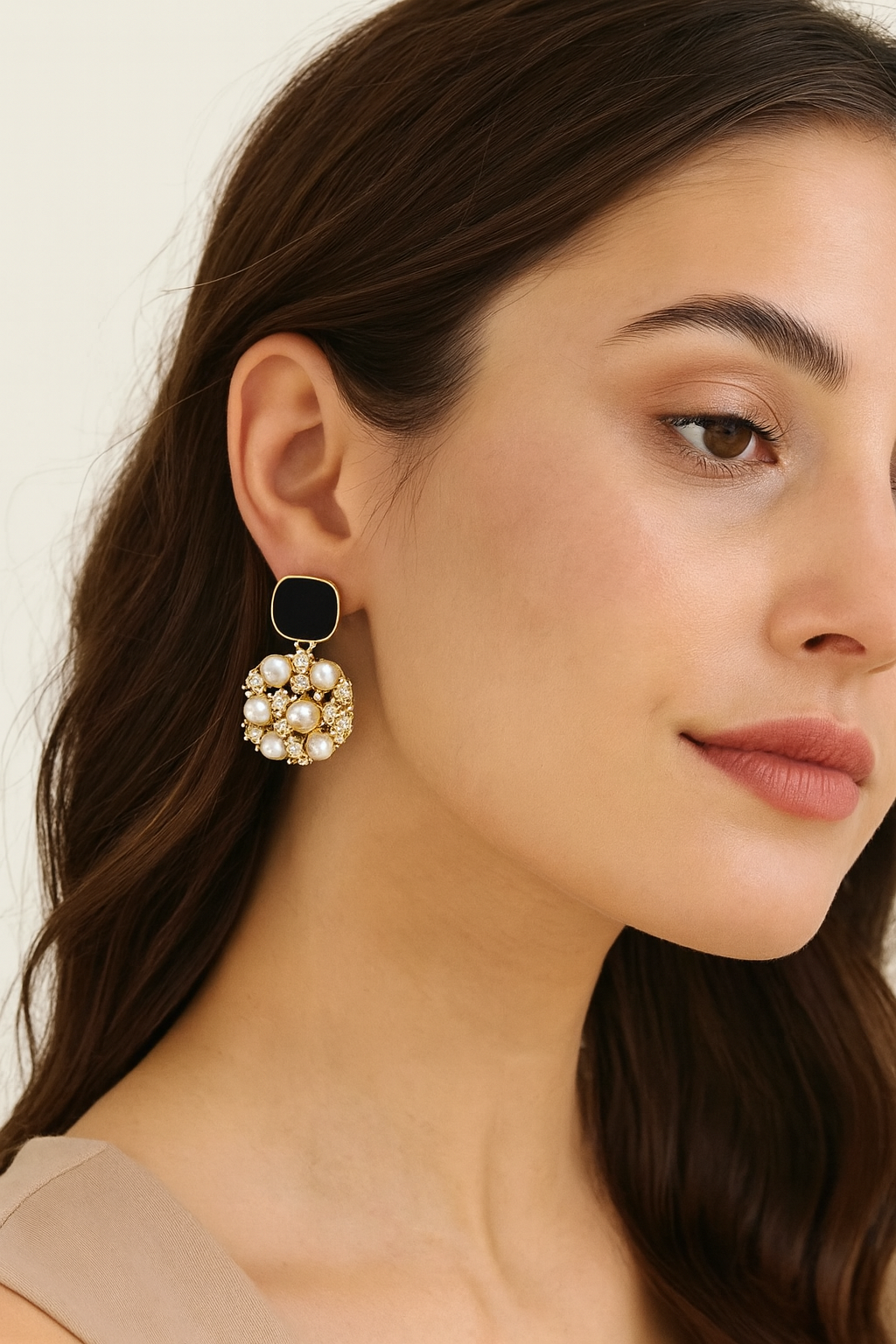 Elegant Black & Pearl Cluster Dangle Earrings with Gold Finish