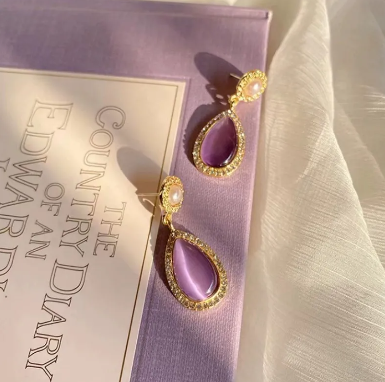 Elegant Purple Teardrop Dangle Earrings with Pearl & Crystal Accents
