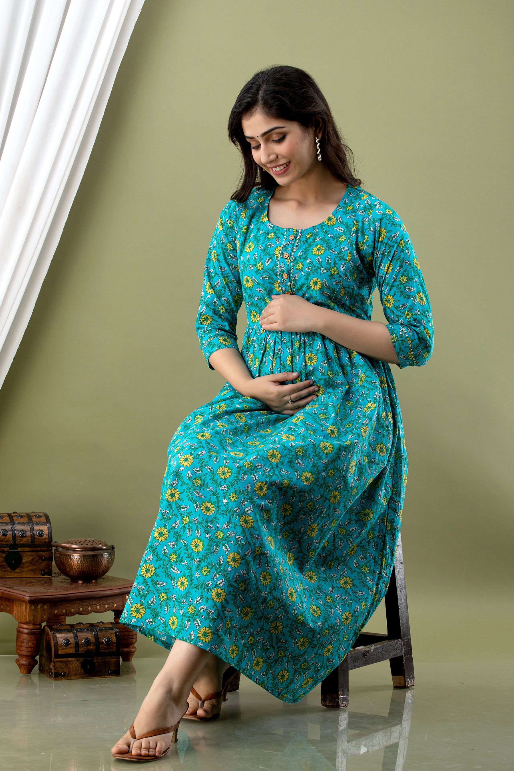 Women Floral Printed Pure Cotton Flared Maternity Maxi Dress