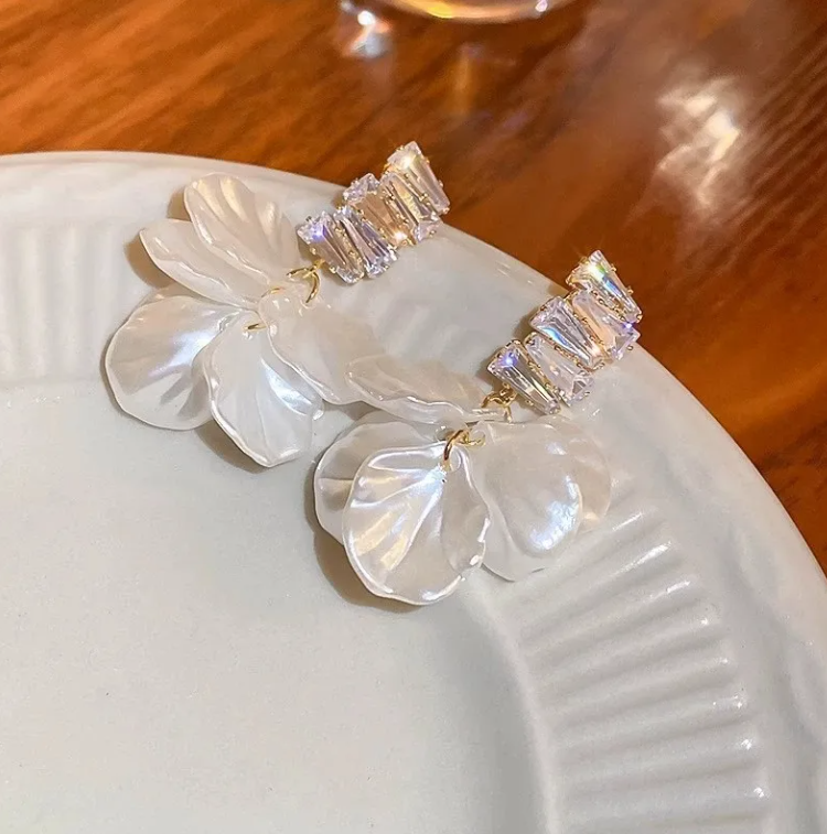 Elegant Pearl Flower Drop Earrings with Crystal Accents