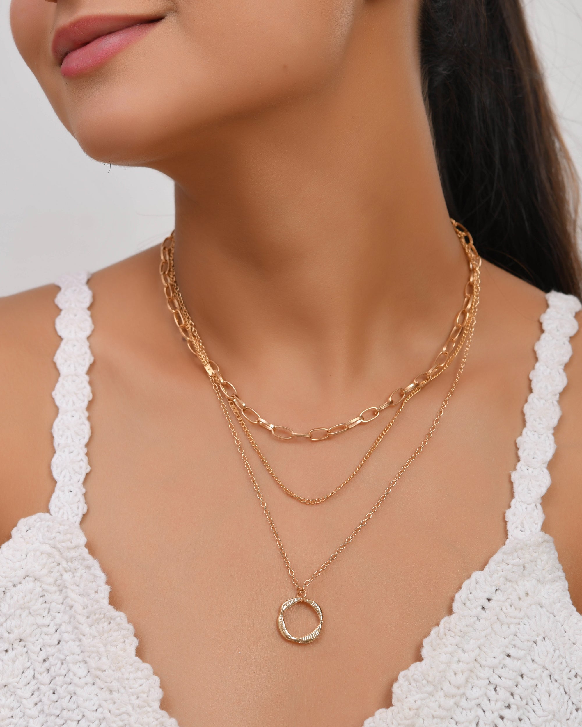 Gold-Plated Layered Necklace with Twisted Circle Pendant