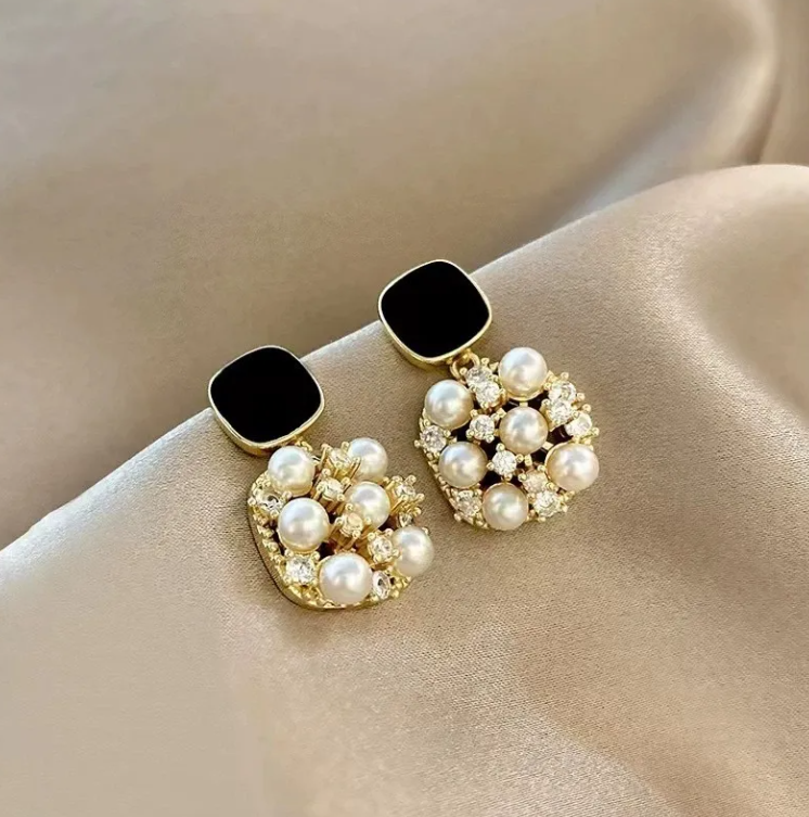 Elegant Black & Pearl Cluster Dangle Earrings with Gold Finish