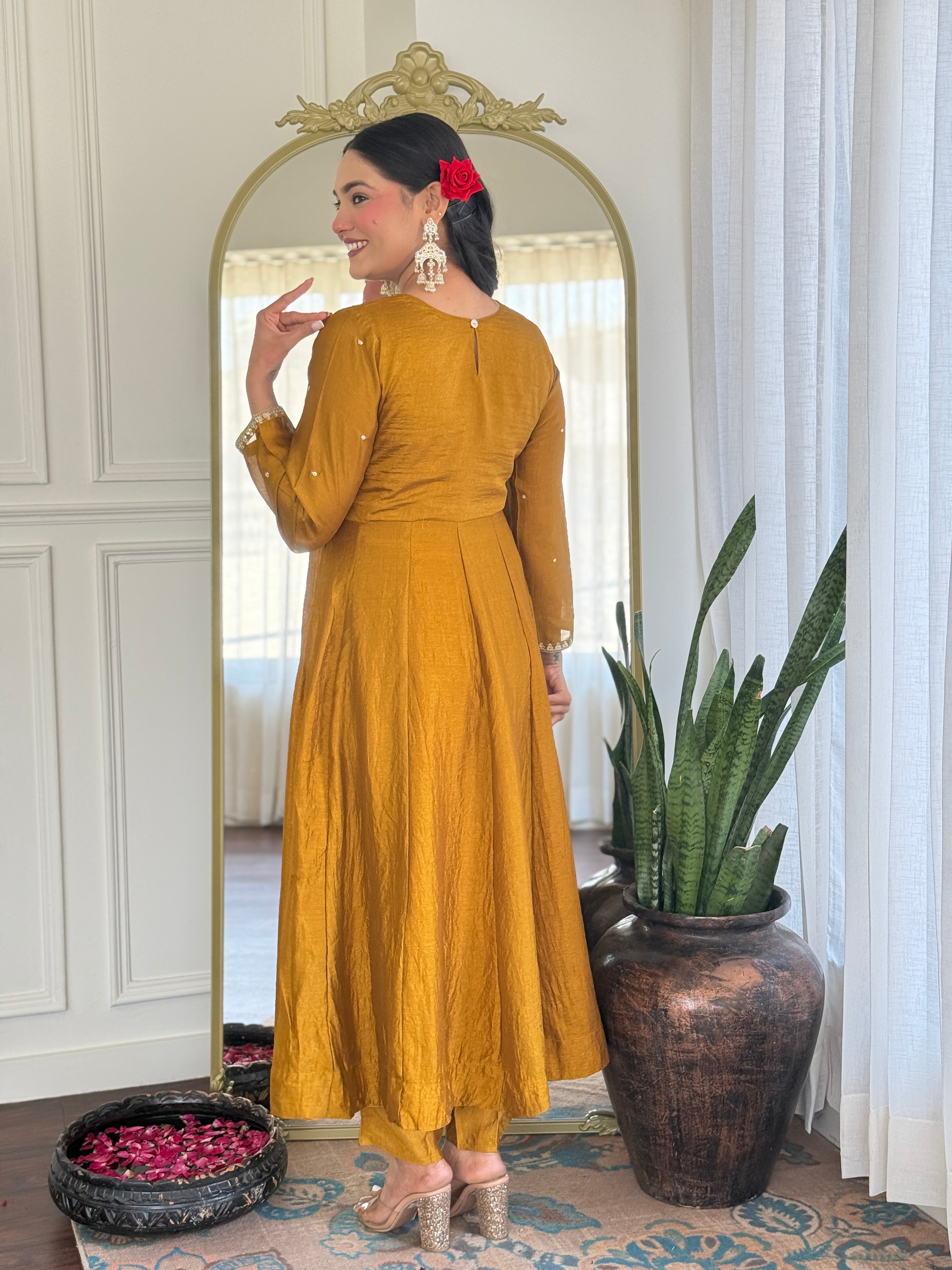 Women Mustard Vichitra Silk Designer Embroidery Work Kurta Set With Dupatta