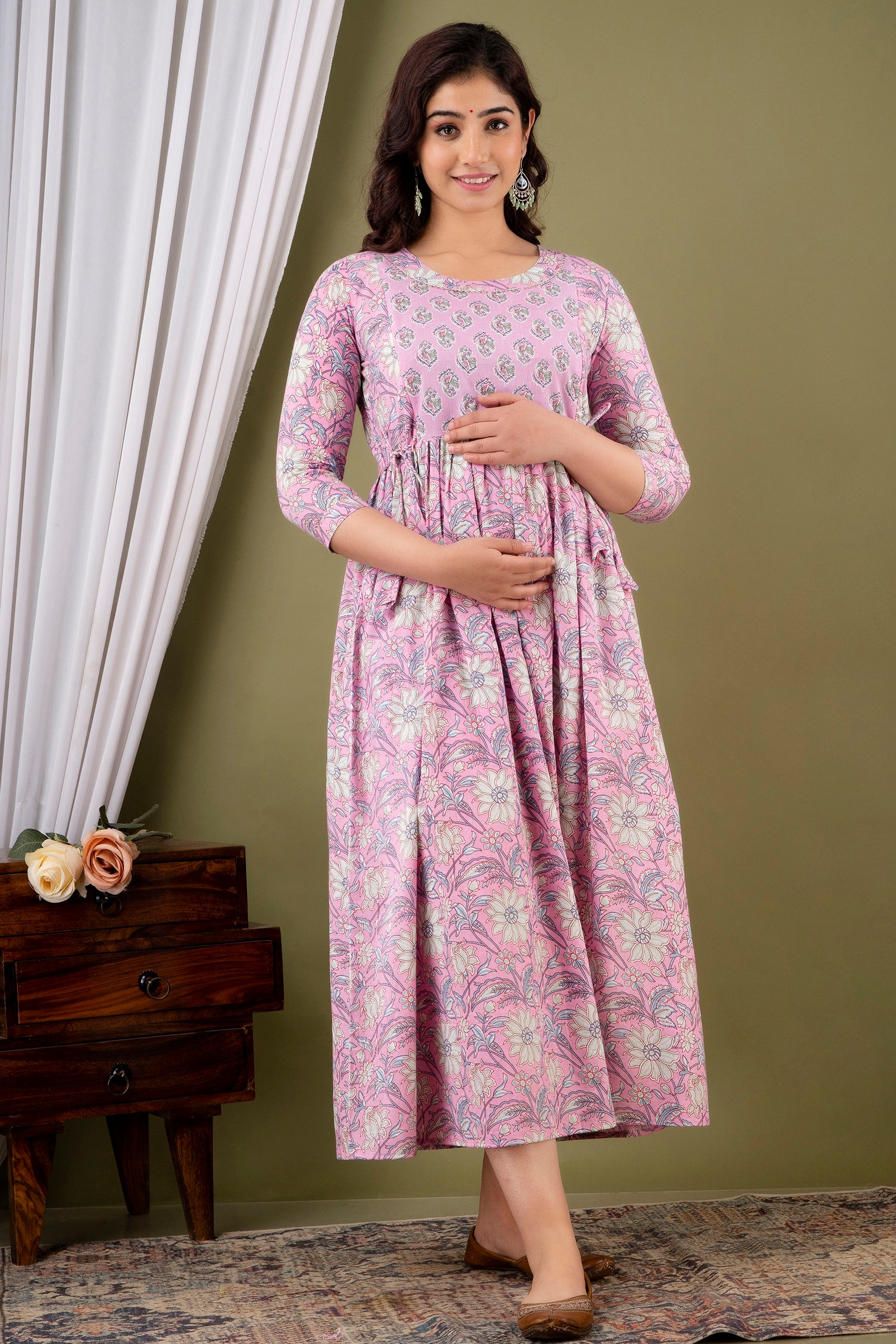 Women Floral Printed Pure Cotton Flared Maternity Maxi Dress