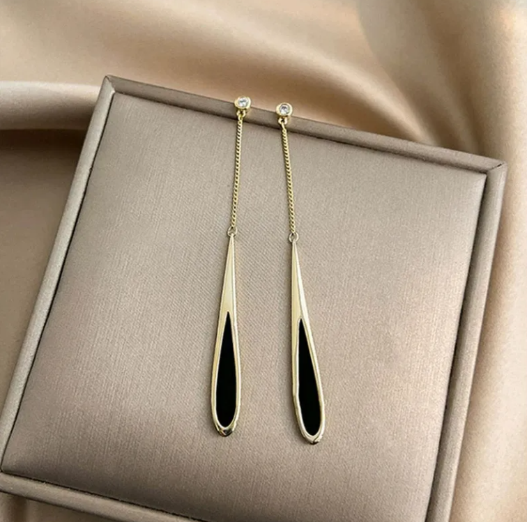 Elegant Long Drop Earrings with Black Enamel & Gold Finish