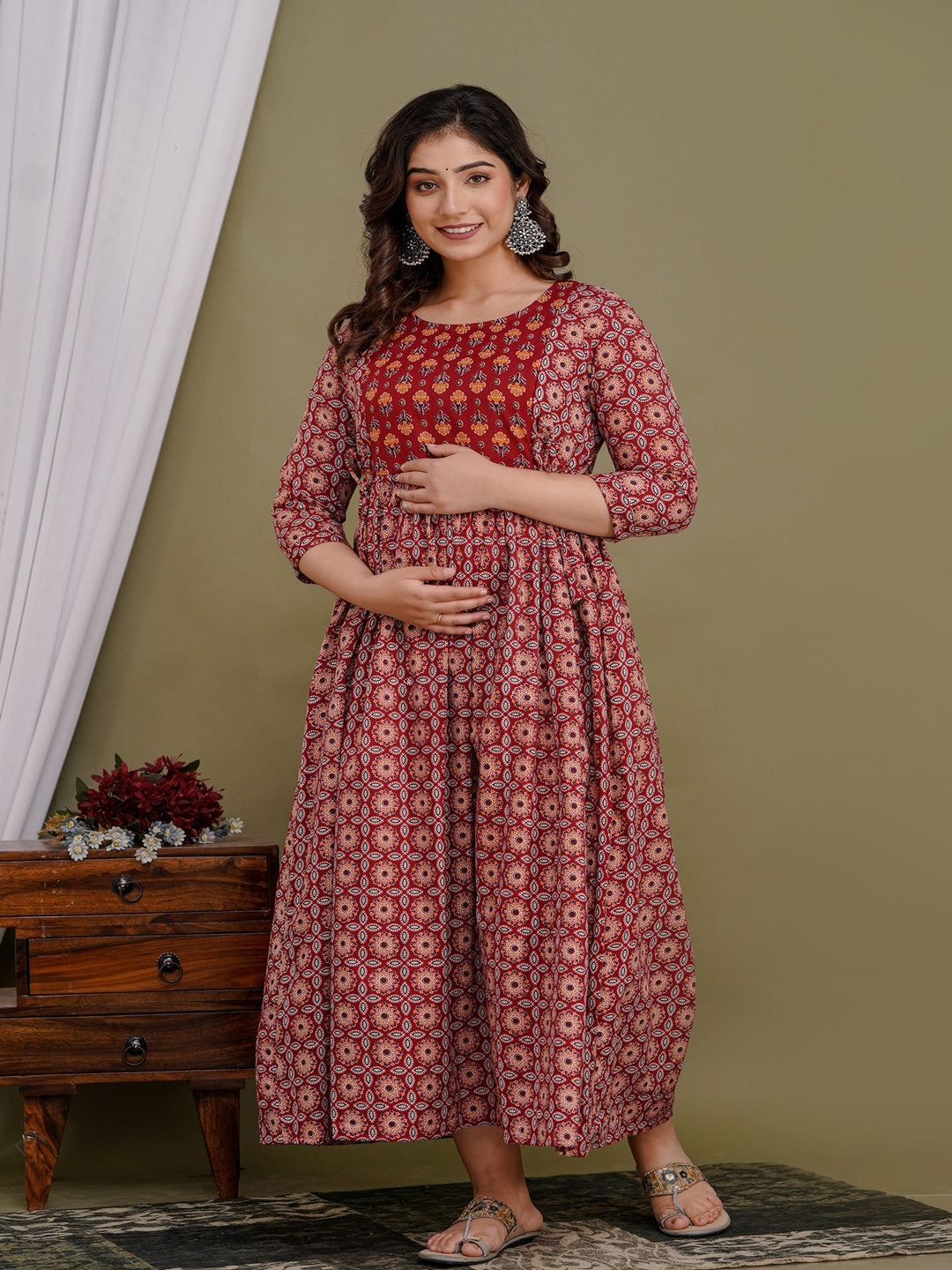 Women Floral Printed Pure Cotton Flared Maternity Maxi Dress