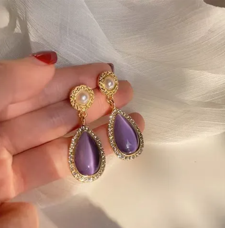 Elegant Purple Teardrop Dangle Earrings with Pearl & Crystal Accents