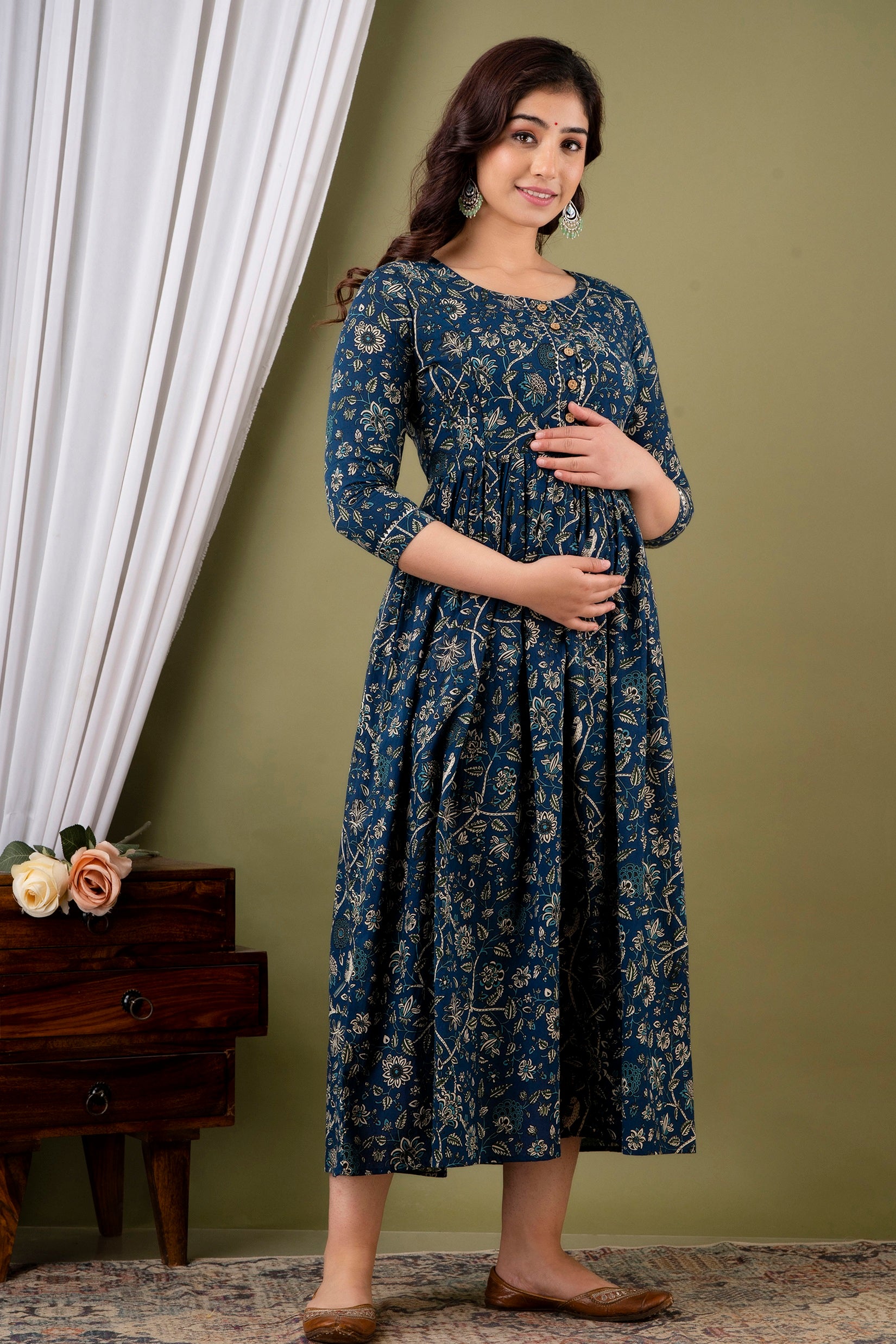 Women Floral Printed Pure Cotton Flared Maternity Maxi Dress
