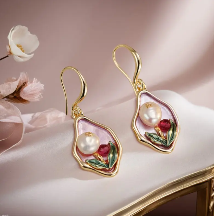 Elegant Pearl & Floral Enamel Drop Earrings with Gold Plating