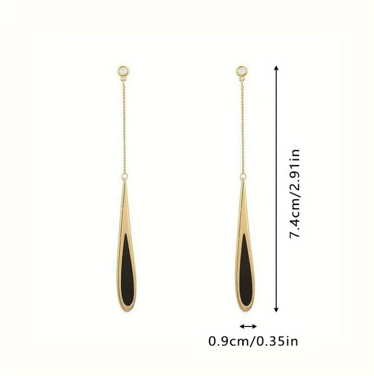 Elegant Long Drop Earrings with Black Enamel & Gold Finish