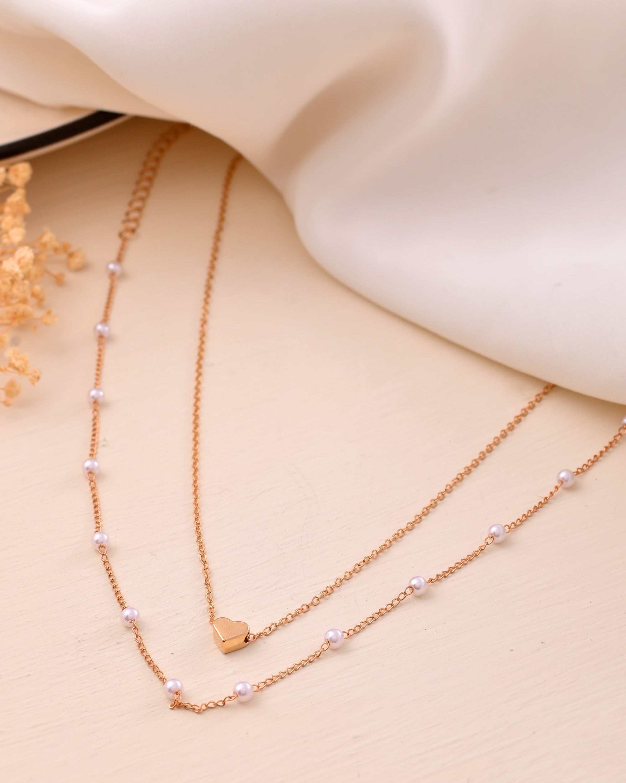 Gold-Plated Layered Pearl Necklace with Heart Pendant