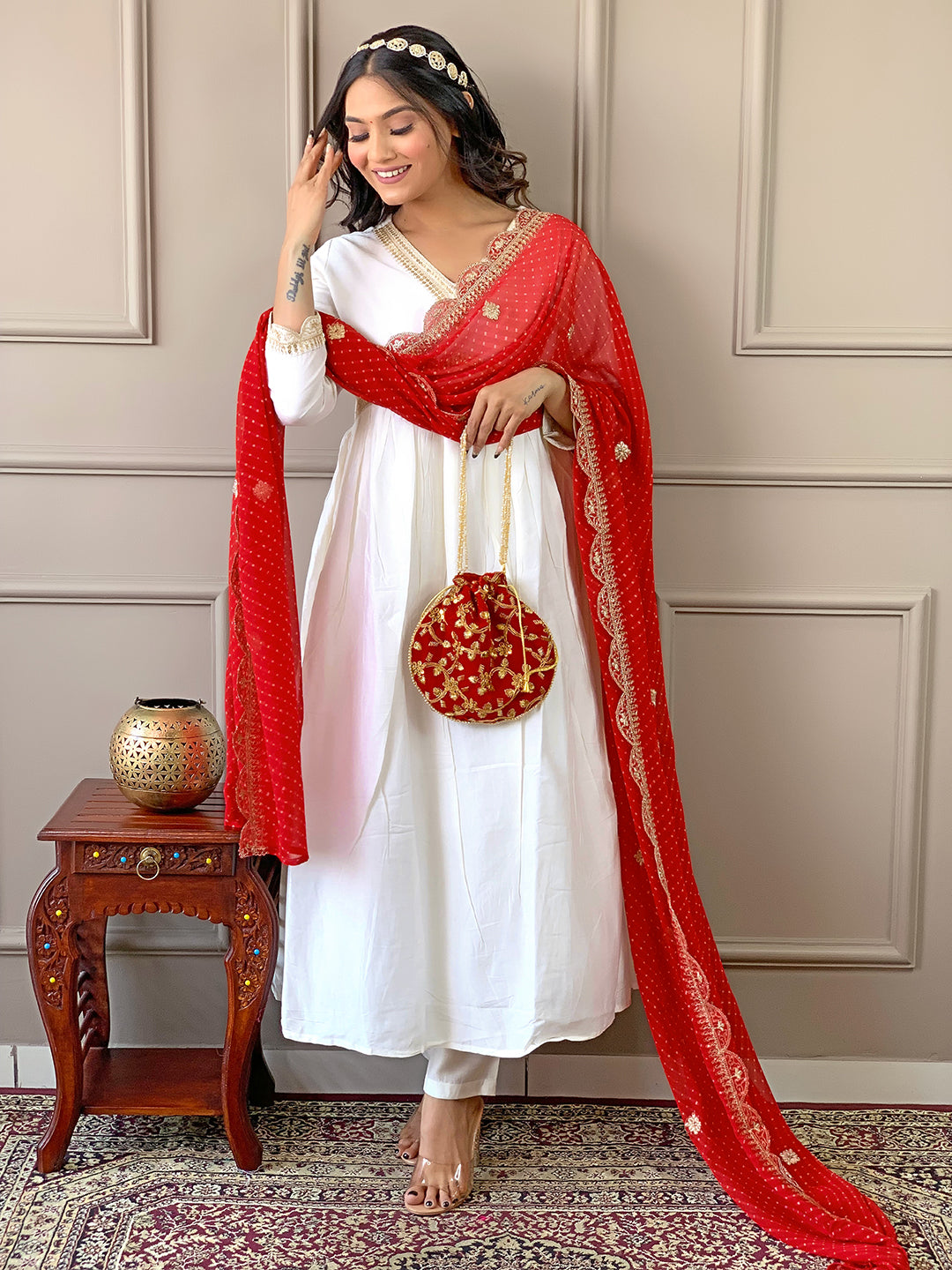 Women Red Chanderi  Embroidery Work Kurta Set With Dupatta