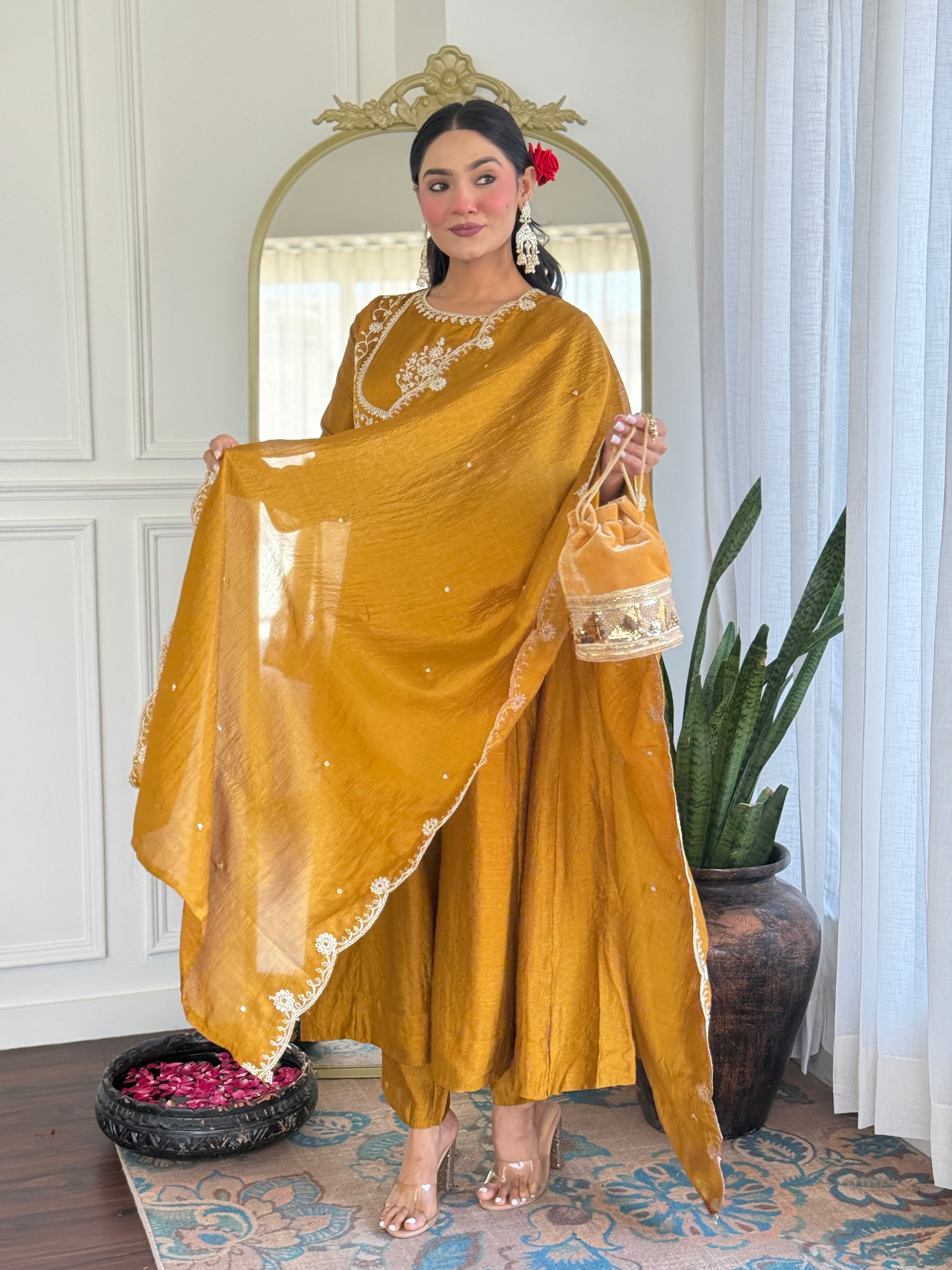 Women Mustard Vichitra Silk Designer Embroidery Work Kurta Set With Dupatta