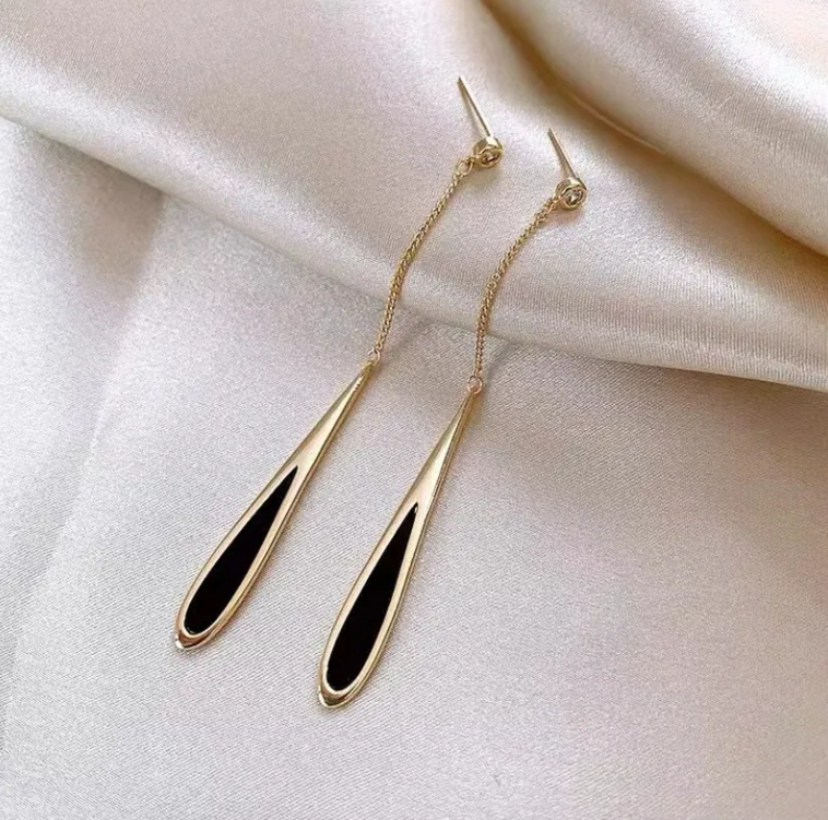 Elegant Long Drop Earrings with Black Enamel & Gold Finish