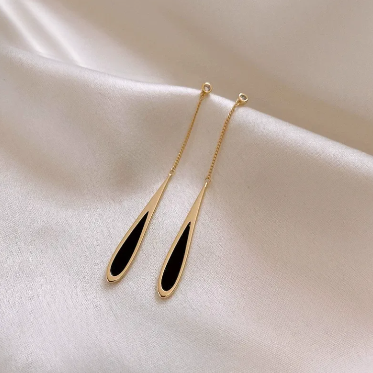 Elegant Long Drop Earrings with Black Enamel & Gold Finish