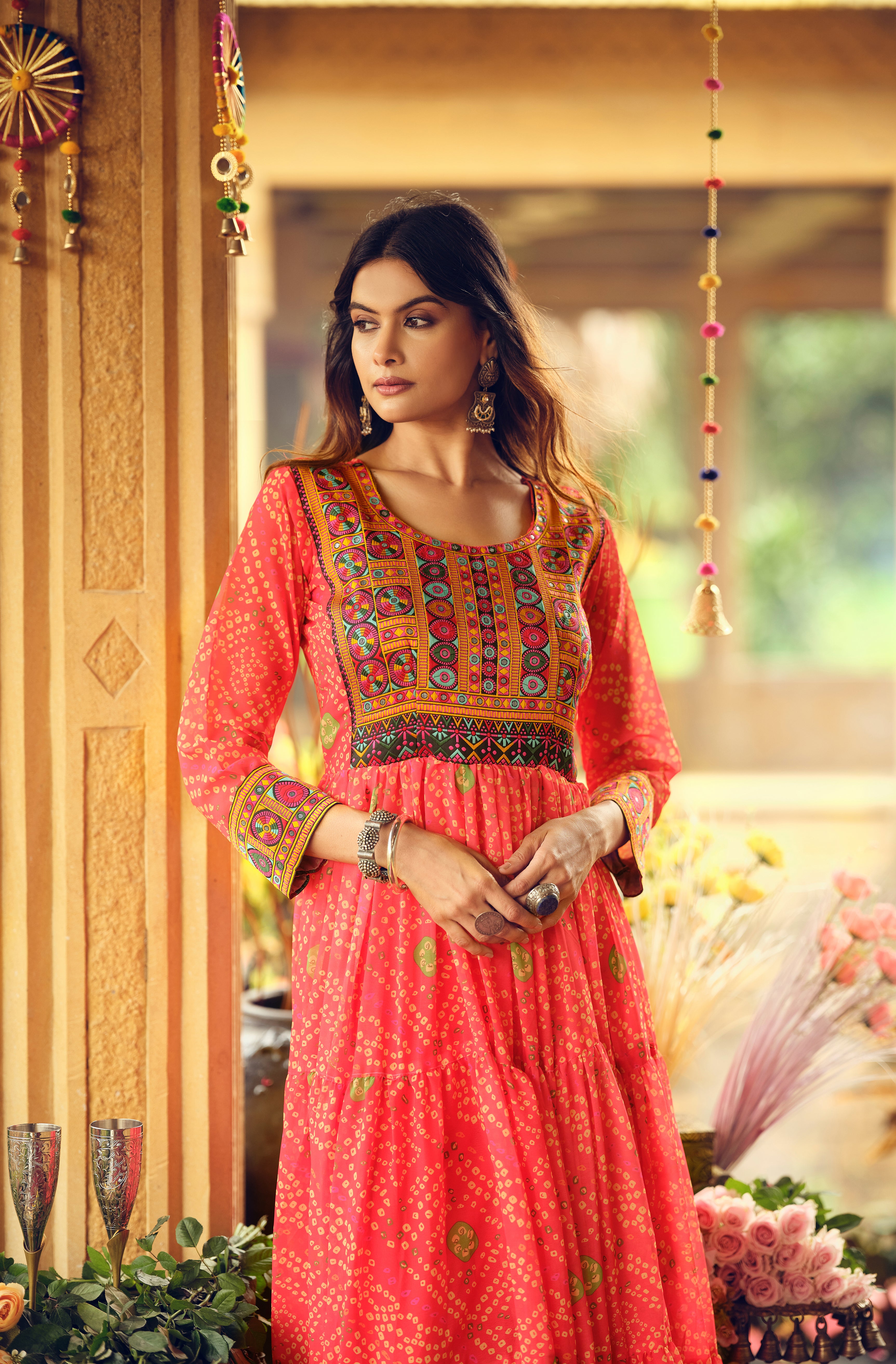 Women Orange Faux Georgette Designer Embroidery Work Kurta Set With Dupatta