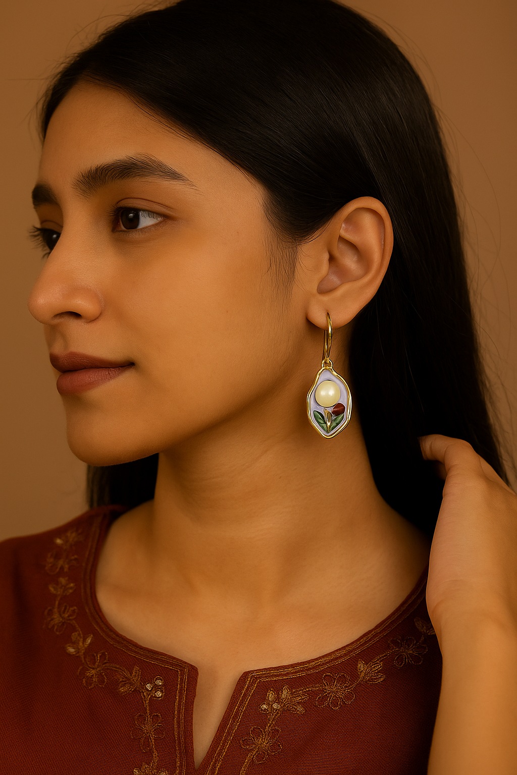 Elegant Pearl & Floral Enamel Drop Earrings with Gold Plating