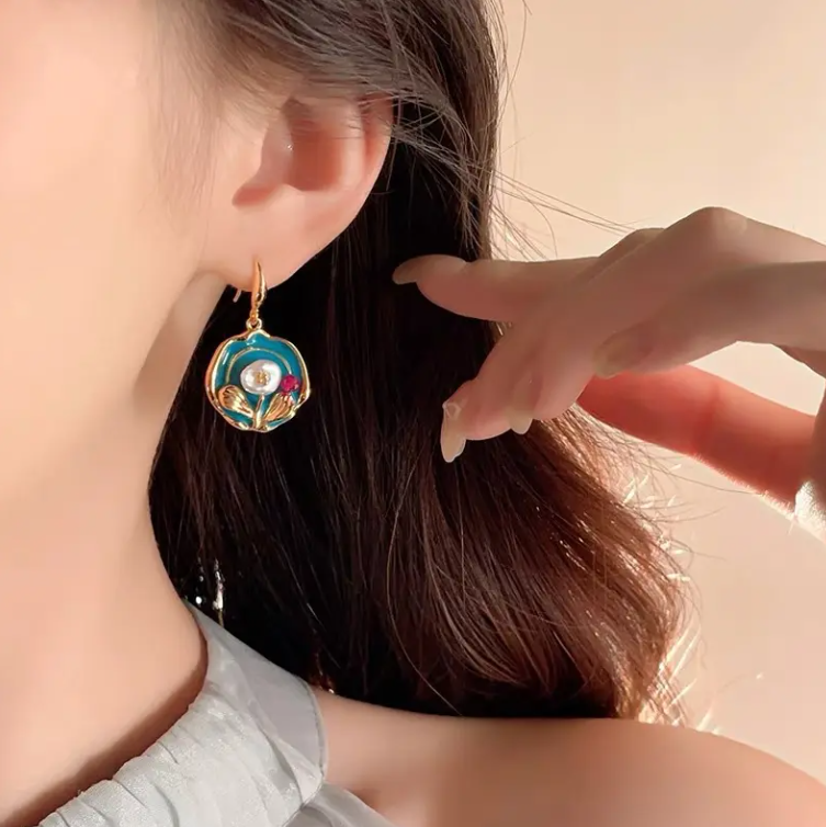 Elegant Floral Enamel Drop Earrings with Pearl & Gold Finish