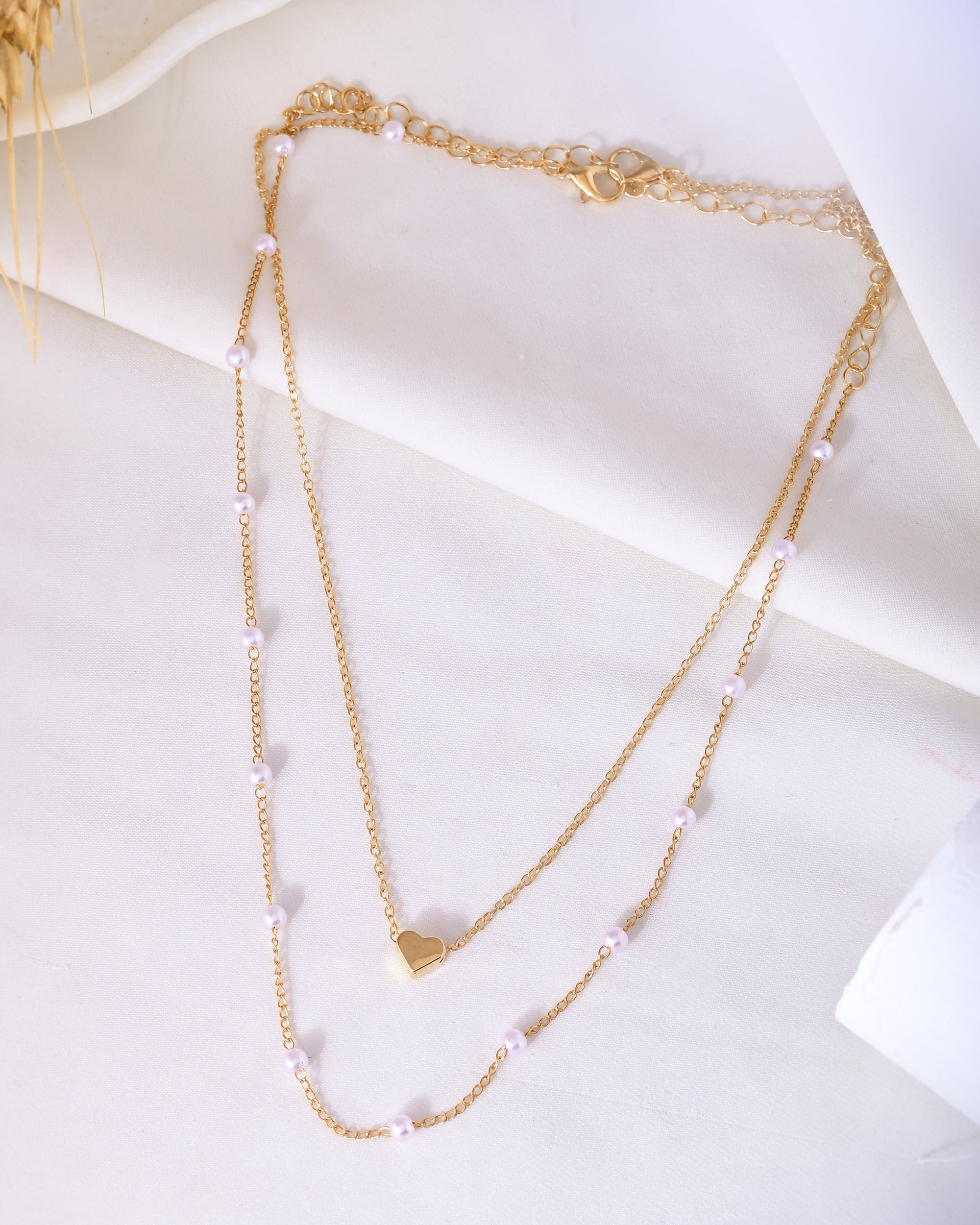 Gold-Plated Layered Pearl Necklace with Heart Pendant