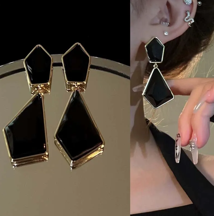 Elegant Geometric Black Stone Dangle Earrings with Gold Plating