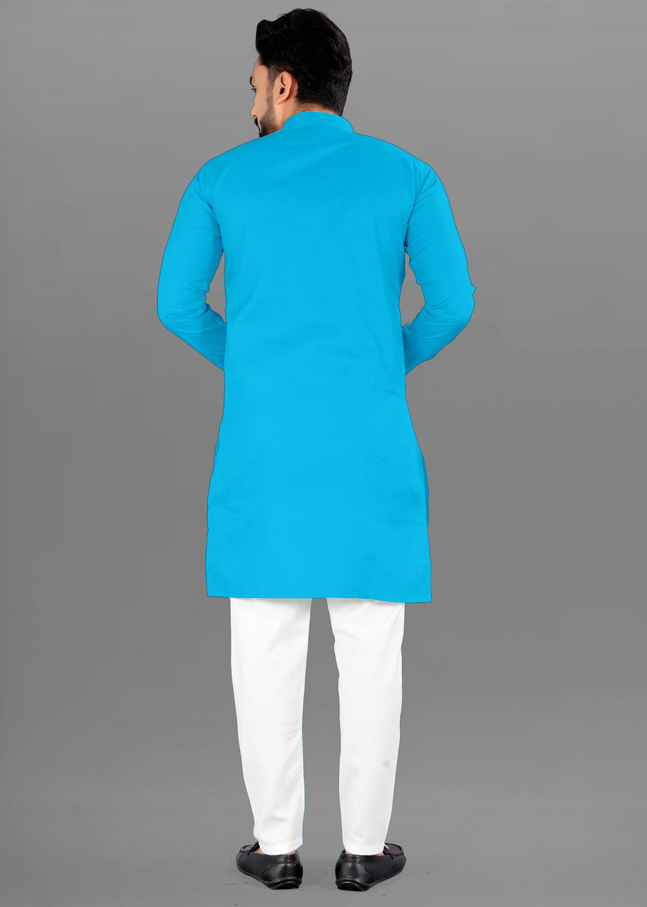 Men Solid Cotton Blend Straight Kurta  (Sky)