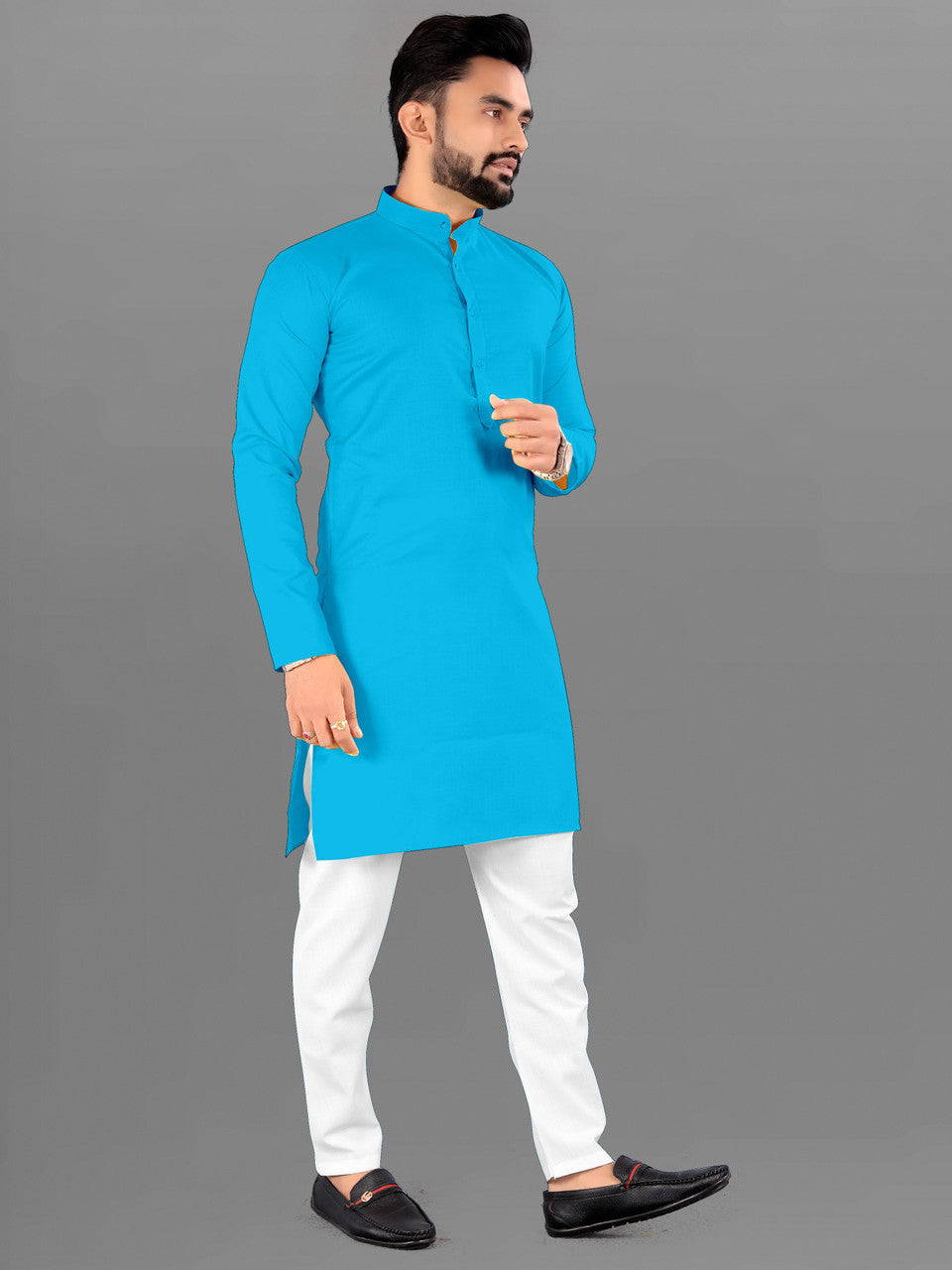 Men Solid Cotton Blend Straight Kurta  (Sky)