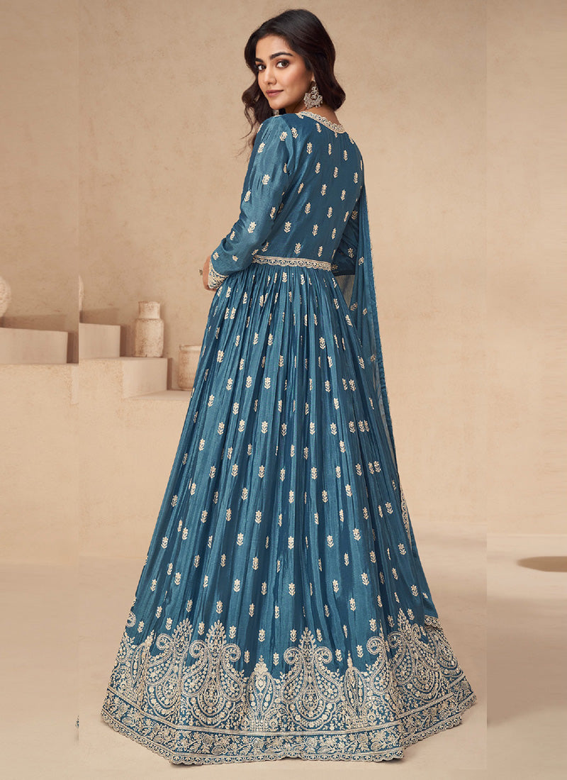 Women Aqua Blue Chinon Silk Embroidered Sequence Anarkali Suit