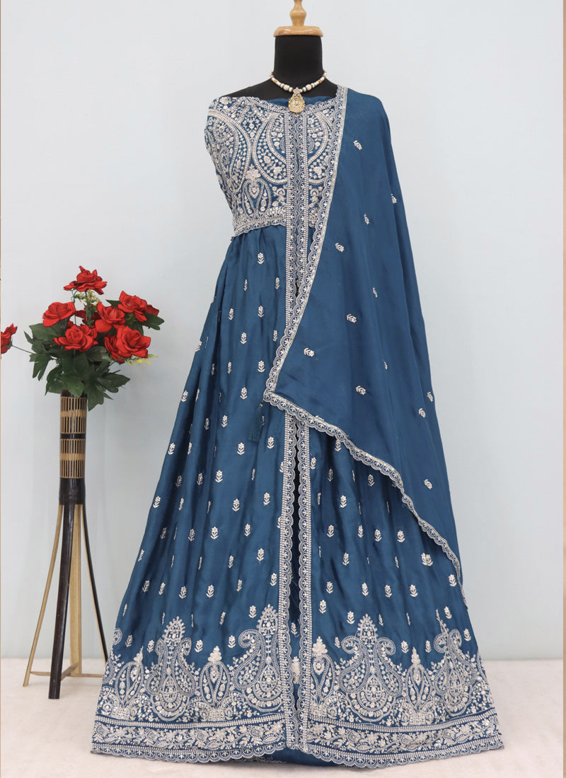 Women Aqua Blue Chinon Silk Embroidered Sequence Anarkali Suit