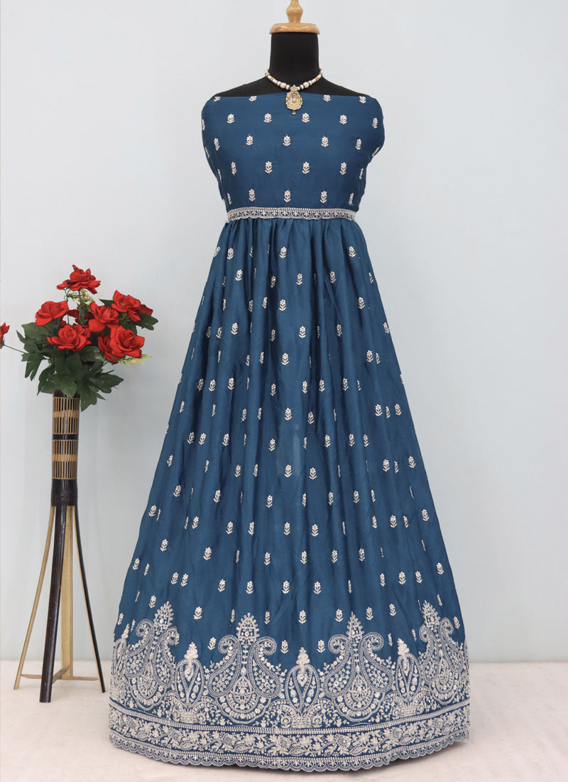 Women Aqua Blue Chinon Silk Embroidered Sequence Anarkali Suit