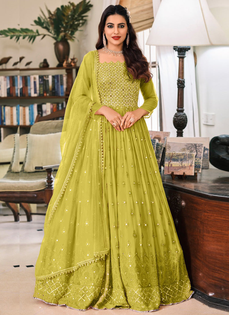 parrot green anarkali dress Parrot Green Banarasi Anarkali Dress Multi Flower Print Parrot Green Color  Anarkali Suit  Desilook