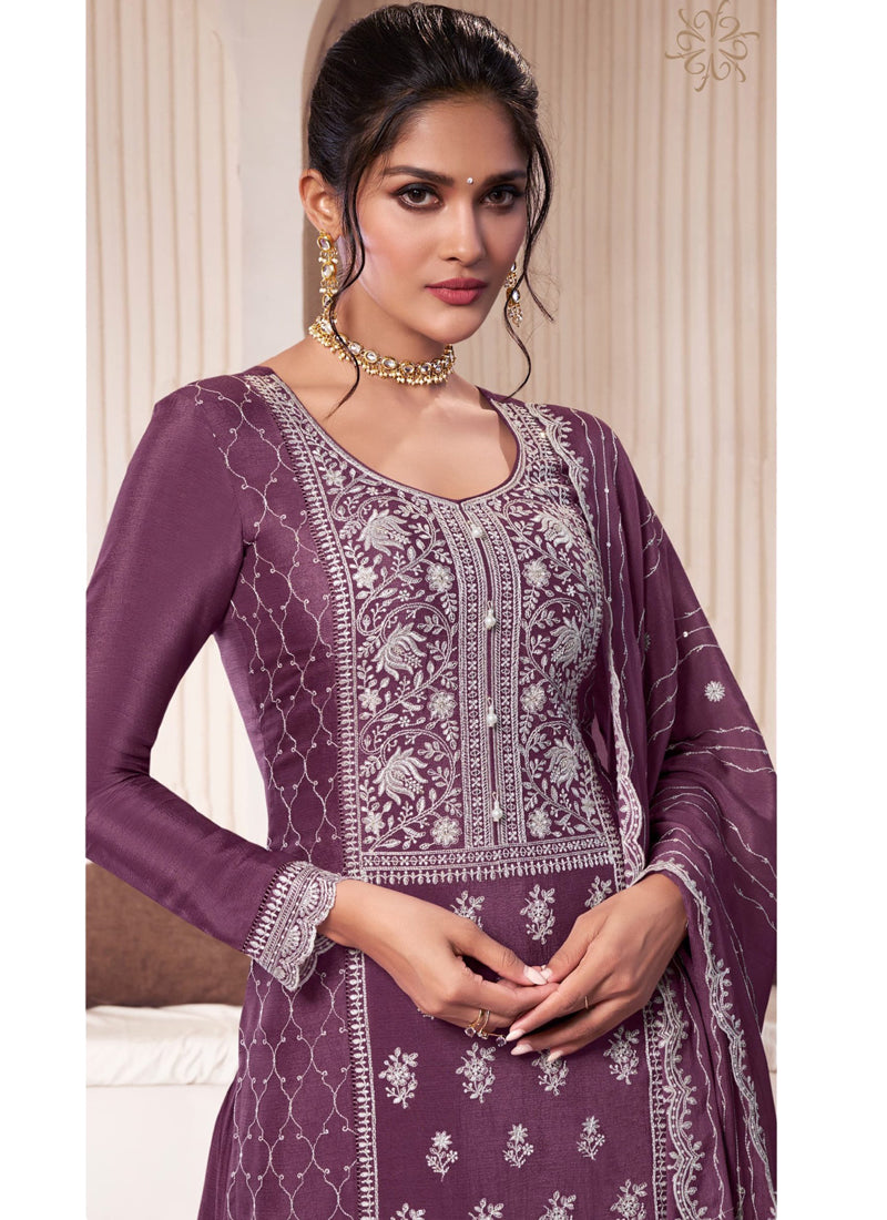 Women Purple Chinon Silk Thread Embroidered Sharara Suit